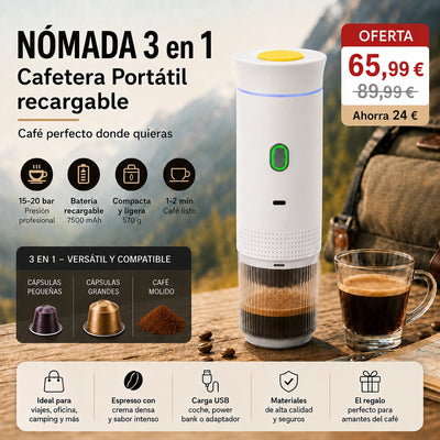 Cafetera Portátil Recargable 3 en 1 NÓMADA – Cápsulas y Café Molido