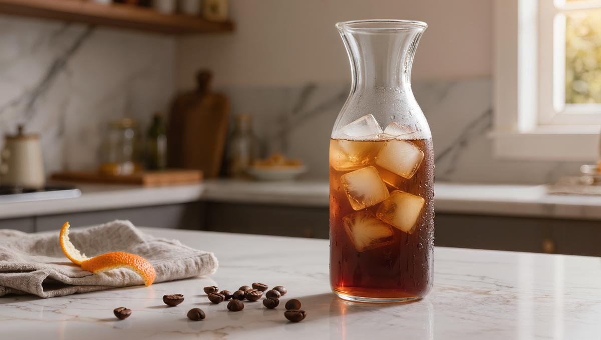Cómo hacer cold brew en casa: café frío en jarra de cristal con hielo y granos de café