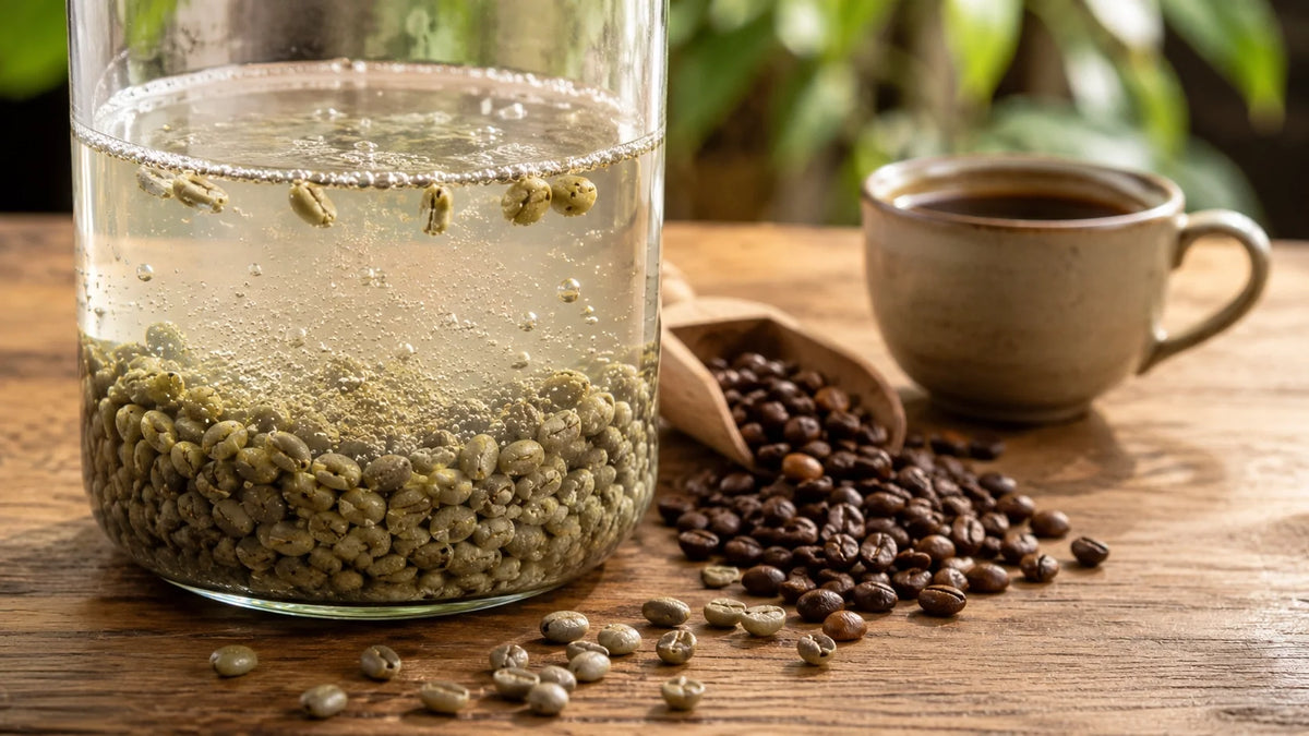 Granos de café verde sin tostar en agua durante el proceso de descafeinado, junto a granos tostados y una taza