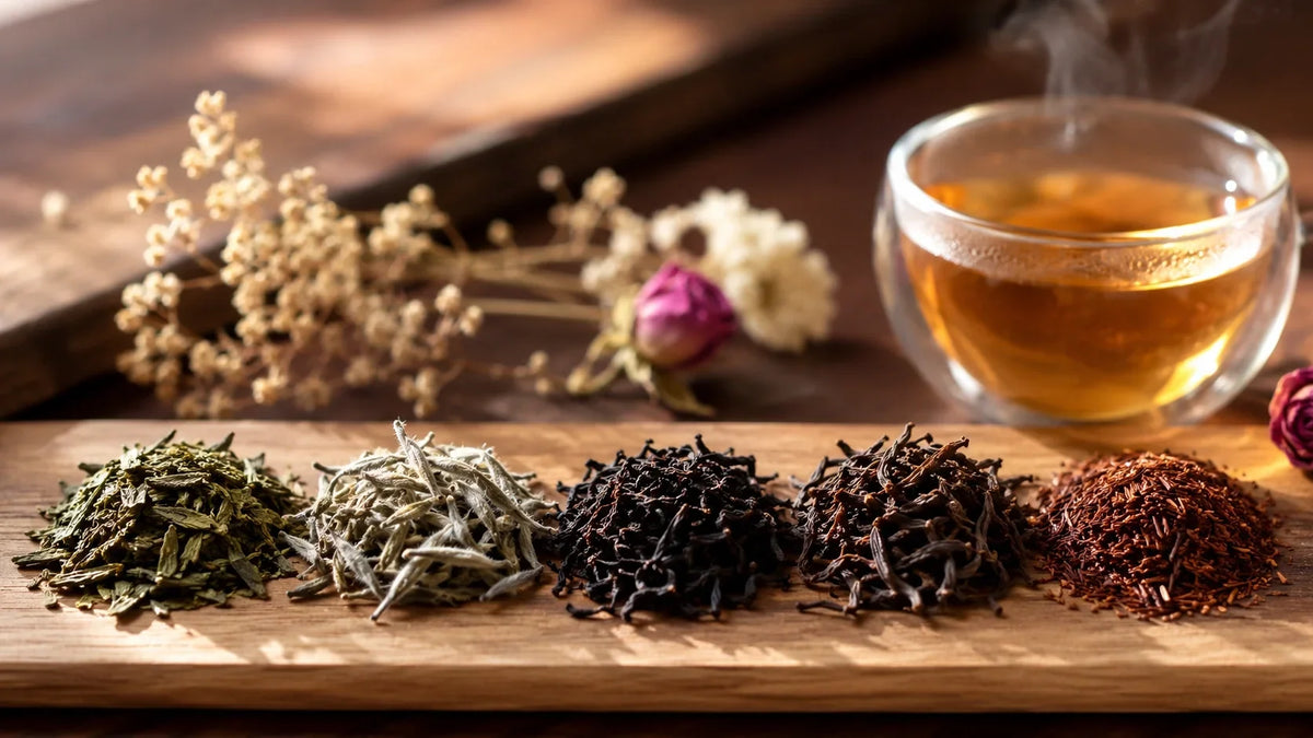 Distintos tipos de té en hoja y una taza de té recién hecho sobre madera