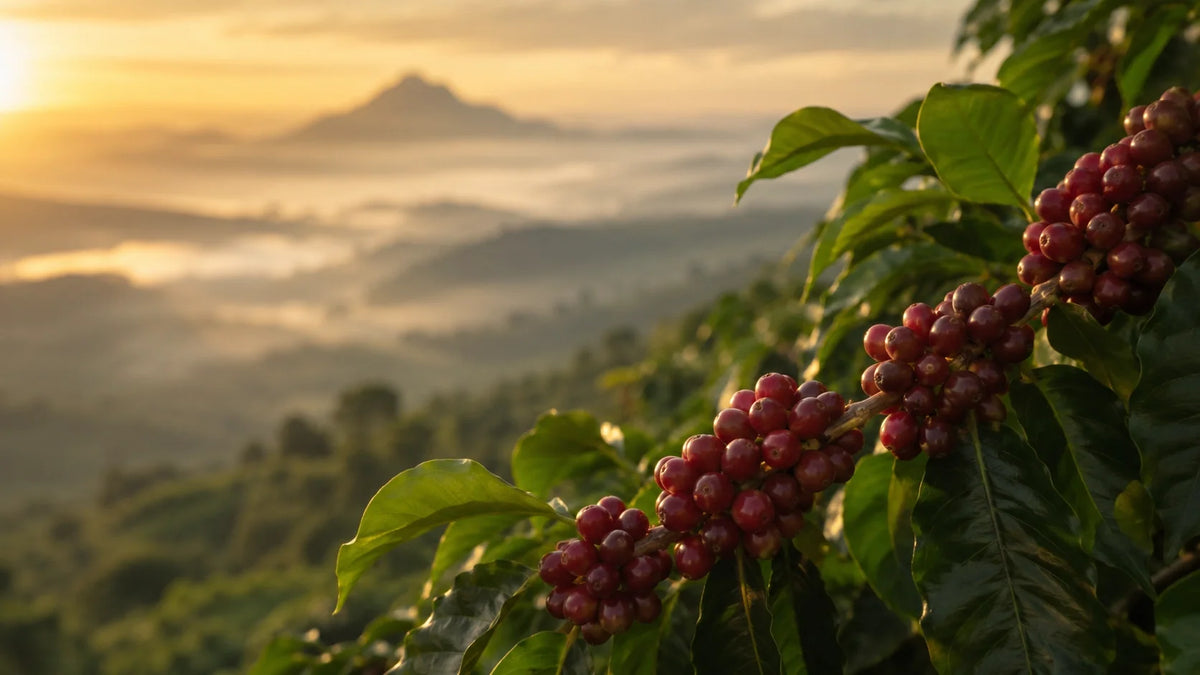 Cerezas de café rojas en la rama del cafeto con montañas de Etiopía al fondo