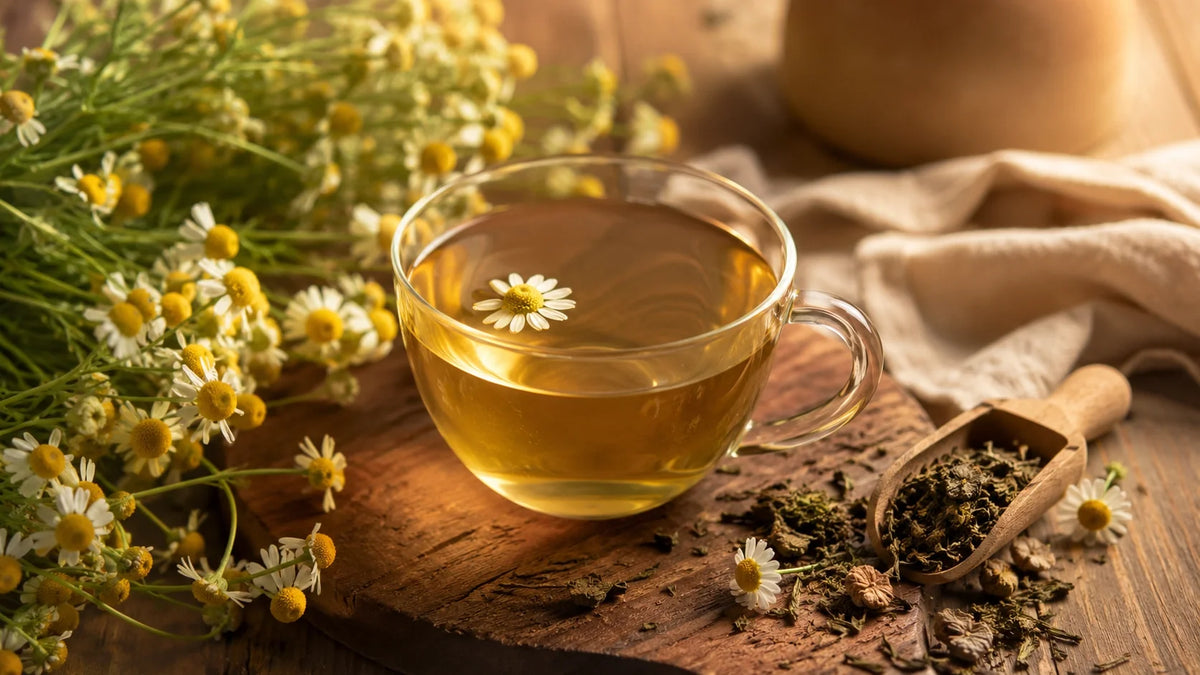 Taza de infusión de manzanilla con flores de manzanilla y té verde en hoja