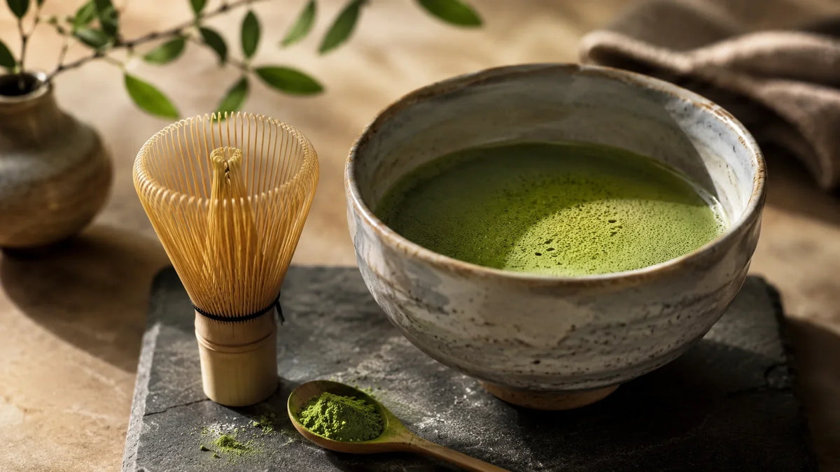 Cuenco de té matcha verde con batidor de bambú chasen y polvo de matcha