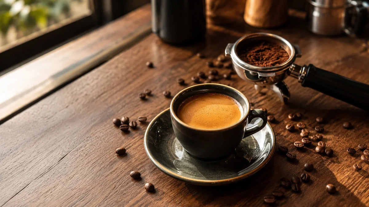 taza de espresso con crema, portafiltro y granos de café sobre madera