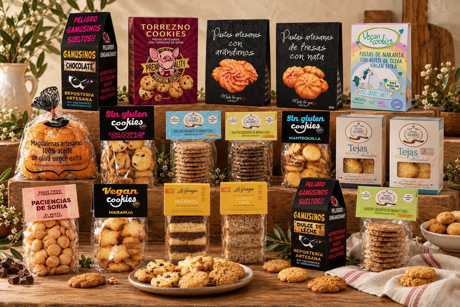Bodegón de galletas artesanas, tejas de almendra, pastas, magdalenas y bizcochos de Cafesytes.