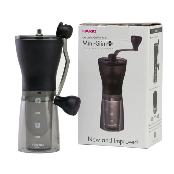 Molinillo manual Hario Mini Mill Slim con su caja de embalaje
