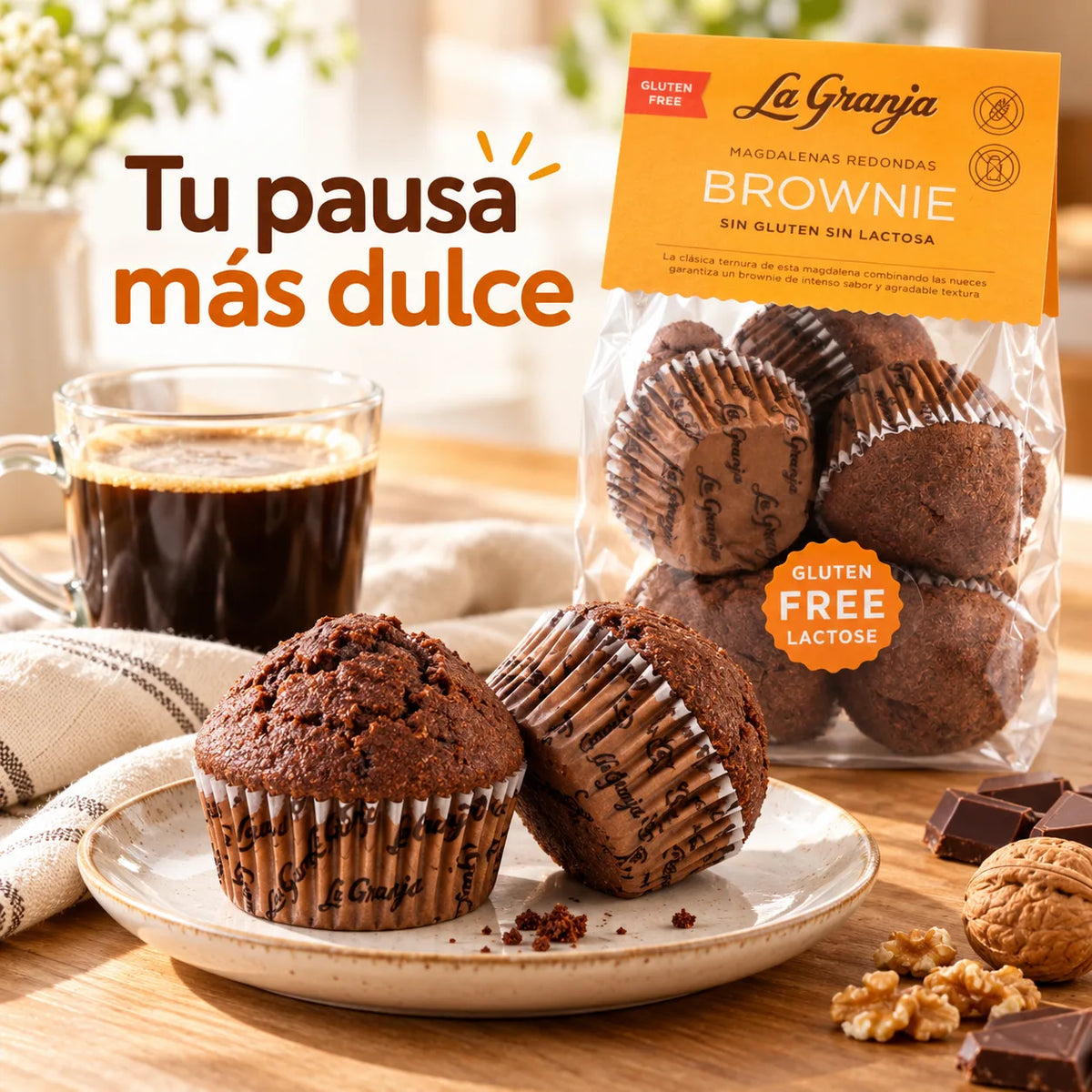 Magdalenas brownie sin gluten certificadas Espiga Barrada, aptas celíacos