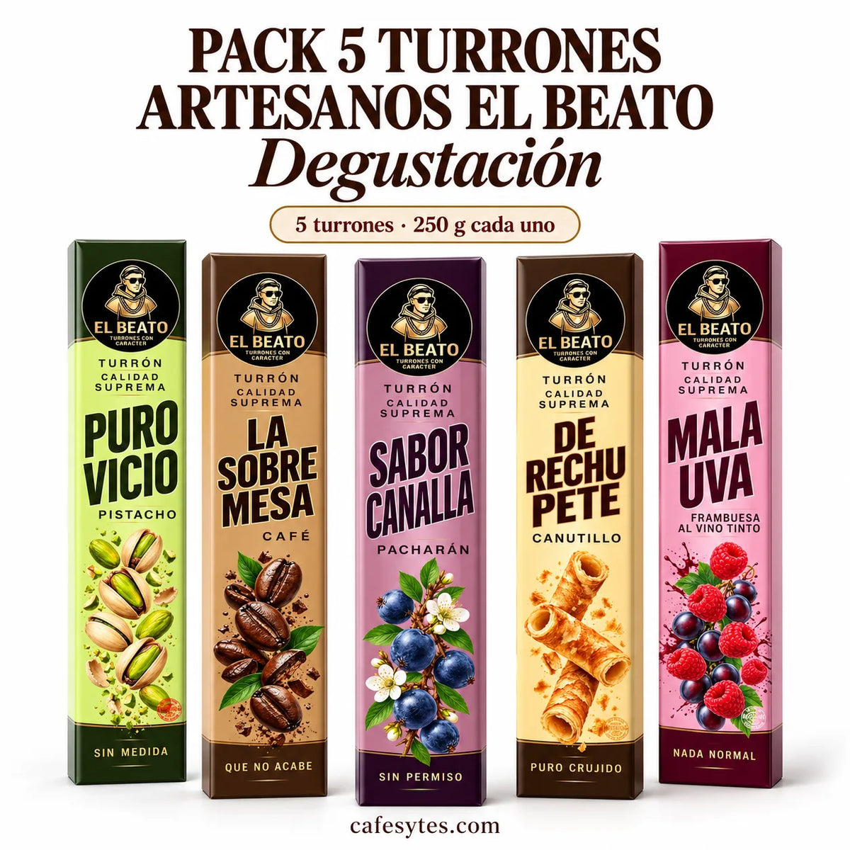 Pack 5 turrones artesanos El Beato: pistacho, café, pacharán, canutillo y frambuesa 250 g cada uno