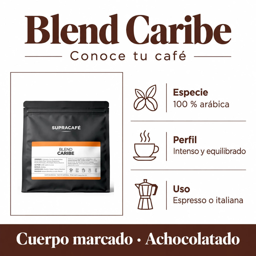 Blend Caribe: 100 % arábica, intenso y equilibrado, para espresso o italiana. Cuerpo marcado y perfil achocolatado.