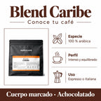 Blend Caribe: 100 % arábica, intenso y equilibrado, para espresso o italiana. Cuerpo marcado y perfil achocolatado.