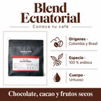 Blend Ecuatorial: Orígenes · Colombia y Brasil, Especie · 100 % arábica, Cuerpo · Untuoso. Chocolate, cacao y frutos secos.