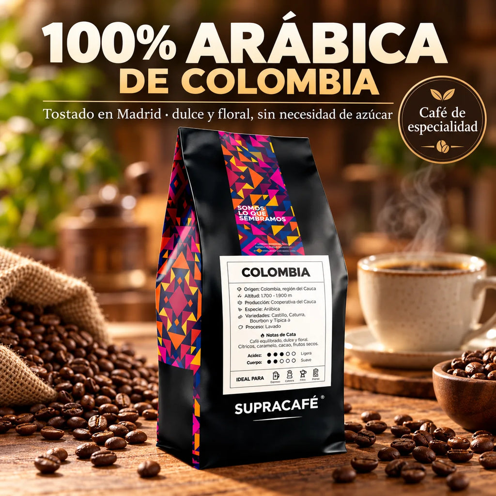 Café de Colombia 100 % arábica Supracafé, origen Cauca, con perfil dulce y floral, disponible en Cafesytes.com