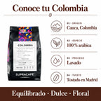 Ficha descriptiva del café de Colombia Supracafé: origen Cauca, 100 % arábica, proceso lavado y tostado en Madrid, con perfil equilibrado, dulce y floral.