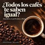 Vista cenital de una taza de café y granos con el gancho: ¿Todos los cafés te saben igual? Descubre un perfil dulce y floral. Café de Colombia 100 % arábica.