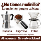¿No tienes molinillo? Molienda al momento y sin coste adicional para cafetera italiana, espresso o filtro. Selecciona la molienda al hacer el pedido.