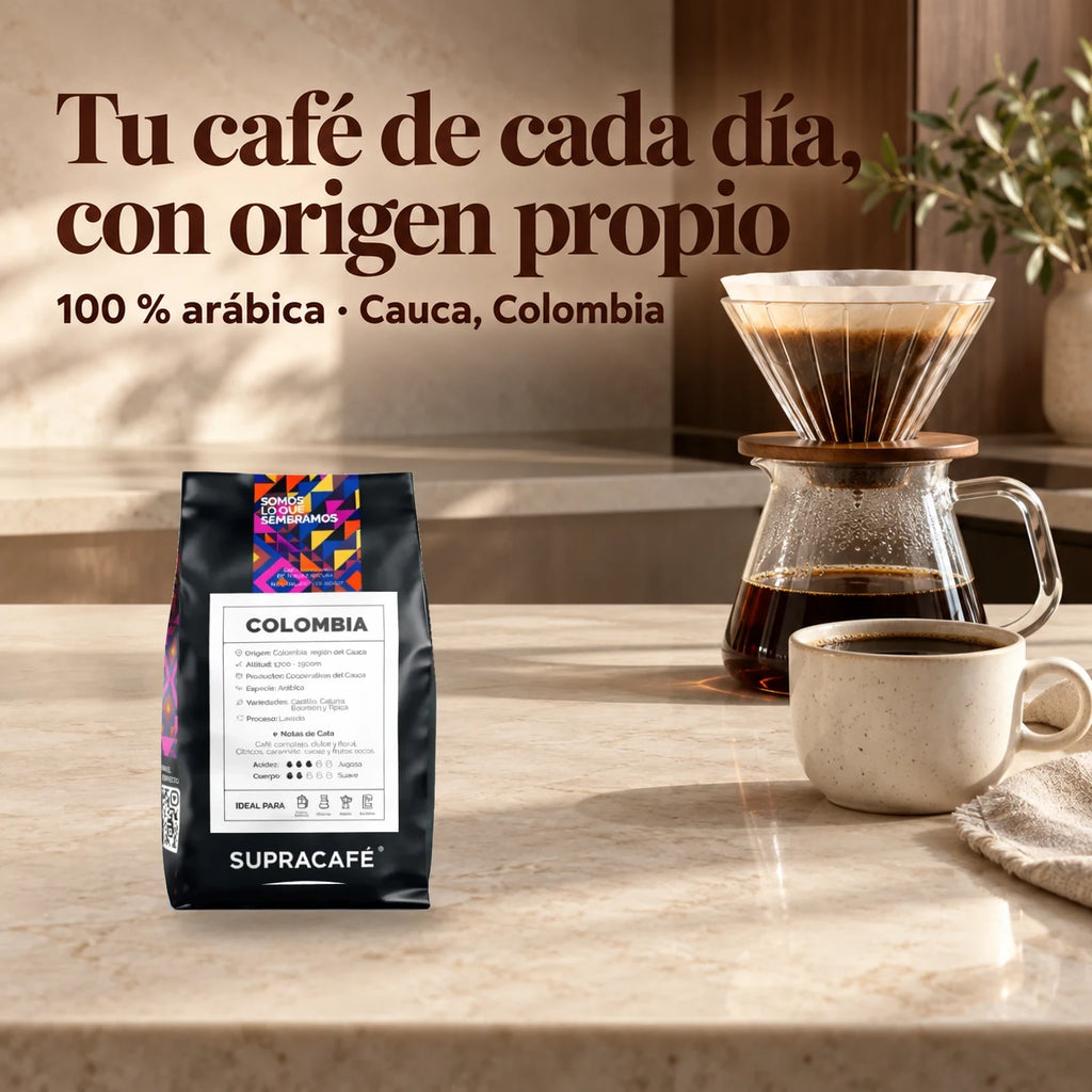 Café de Colombia Supracafé junto a una cafetera de filtro. Texto: Tu café de cada día, con origen propio. 100 % arábica, Cauca, Colombia.