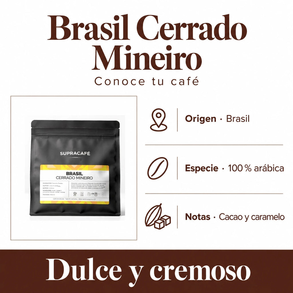 Brasil Cerrado Mineiro: Origen · Brasil, Especie · 100 % arábica, Notas · Cacao y caramelo. Dulce y cremoso.
