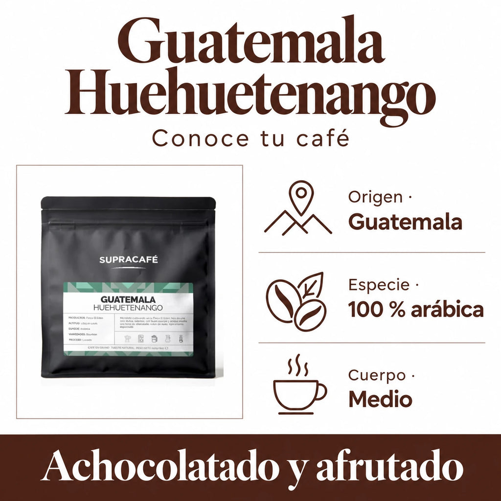 Guatemala Huehuetenango: Origen · Guatemala, Especie · 100 % arábica, Cuerpo · Medio. Achocolatado y afrutado.