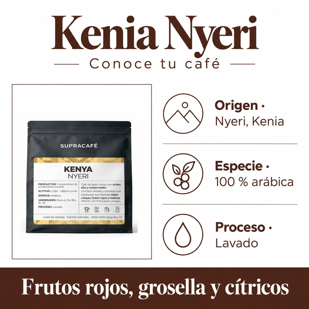 Kenia Nyeri: Origen · Nyeri, Kenia, Especie · 100 % arábica, Proceso · Lavado. Frutos rojos, grosella y cítricos.