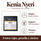 Kenia Nyeri: Origen · Nyeri, Kenia, Especie · 100 % arábica, Proceso · Lavado. Frutos rojos, grosella y cítricos.