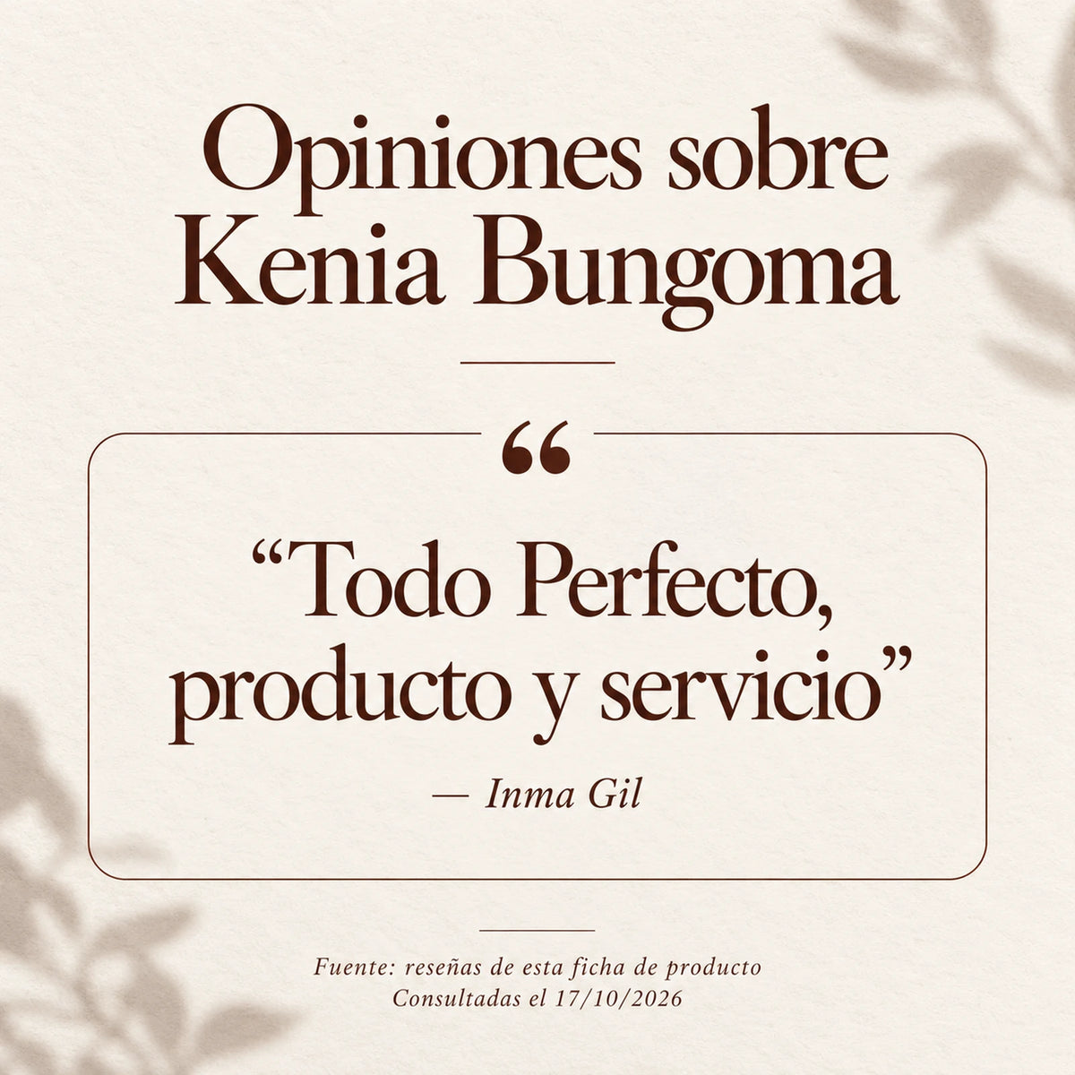 Opiniones publicadas sobre Kenia Bungoma, de Inma Gil. Fuente: ficha del producto; consultadas el 17 de octubre de 2026.