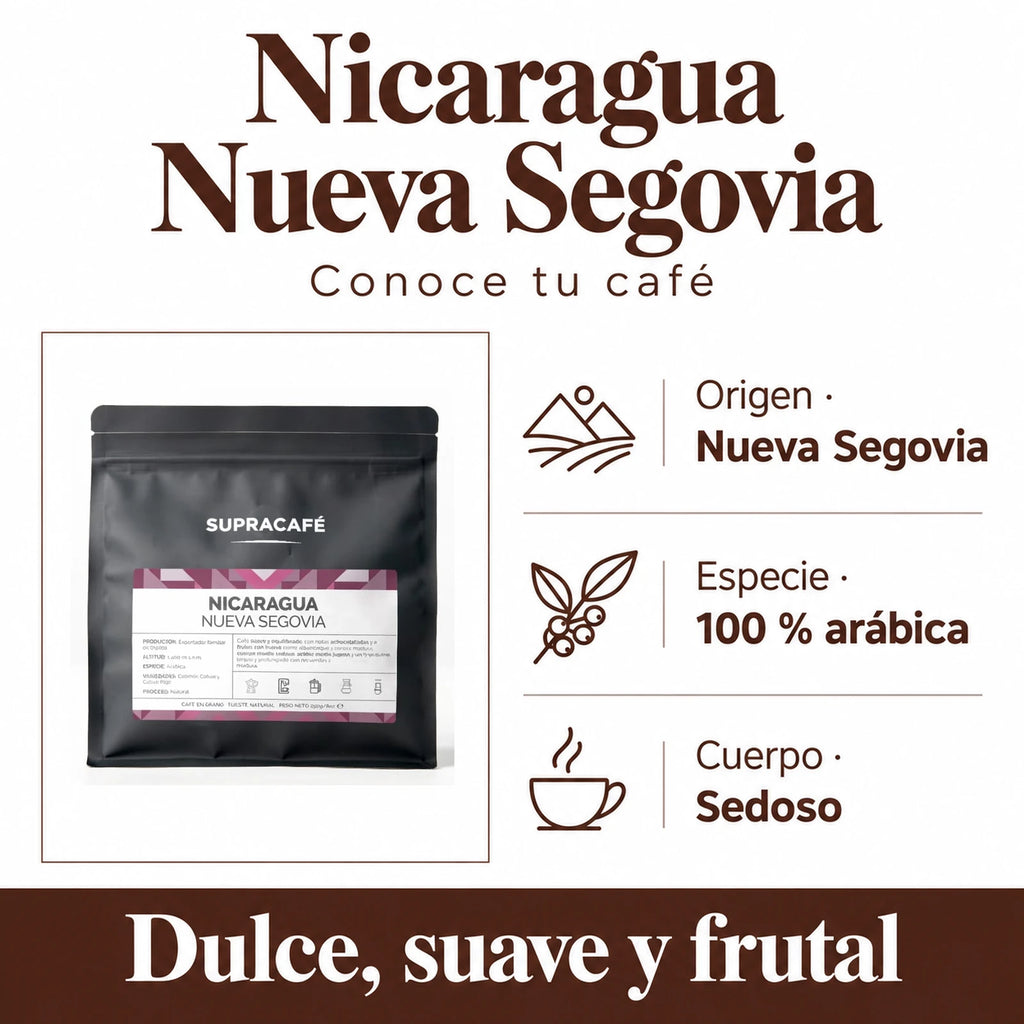 Nicaragua Nueva Segovia: Origen · Nueva Segovia, Especie · 100 % arábica, Cuerpo · Sedoso. Dulce, suave y frutal.