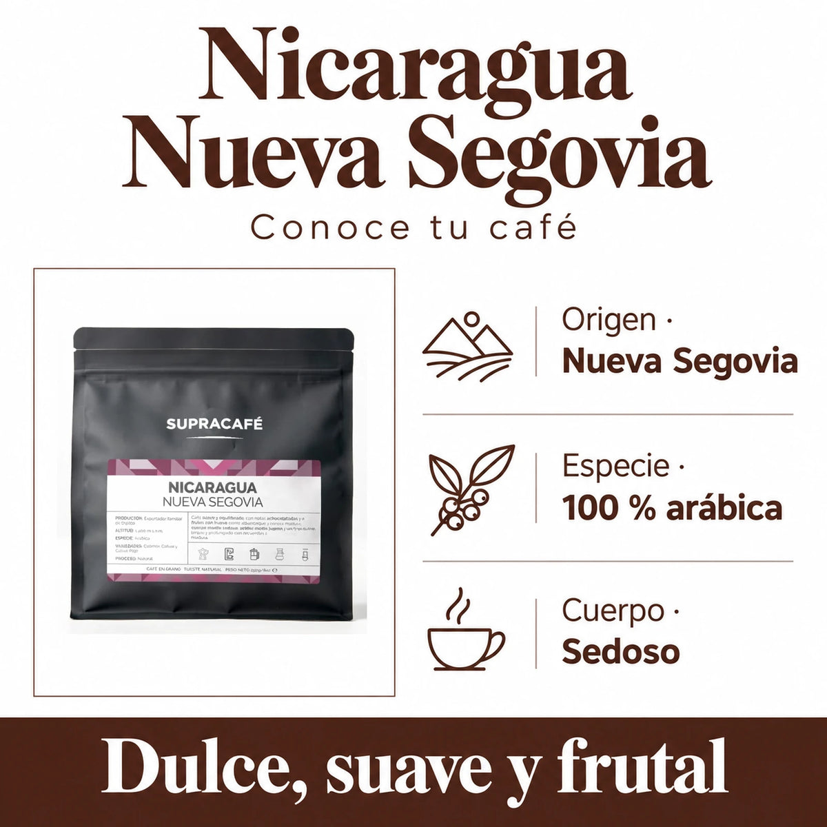 Nicaragua Nueva Segovia: Origen · Nueva Segovia, Especie · 100 % arábica, Cuerpo · Sedoso. Dulce, suave y frutal.