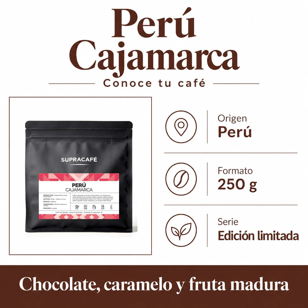 Perú Cajamarca: Origen · Perú, Formato · 250 g, Serie · Edición limitada. Chocolate, caramelo y fruta madura.