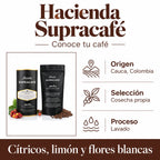 Hacienda Supracafé: Origen · Cauca, Colombia, Selección · Cosecha propia, Proceso · Lavado. Cítricos, limón y flores blancas.