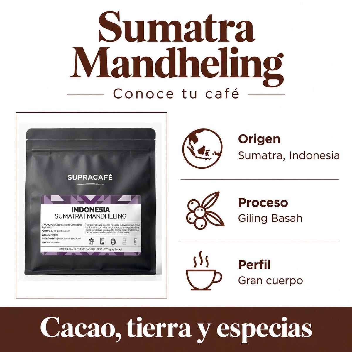 Sumatra Mandheling: Origen · Sumatra, Indonesia, Proceso · Giling Basah, Perfil · Gran cuerpo. Cacao, tierra y especias.