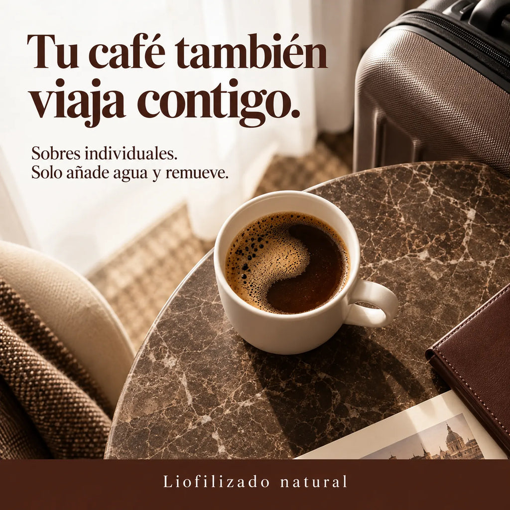 Tu café también viaja contigo. Sobres individuales. Solo añade agua y remueve. Liofilizado natural.