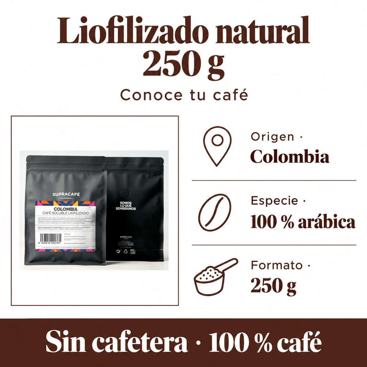 Liofilizado natural 250 g: Origen · Colombia, Especie · 100 % arábica, Formato · 250 g. Sin cafetera · 100 % café.