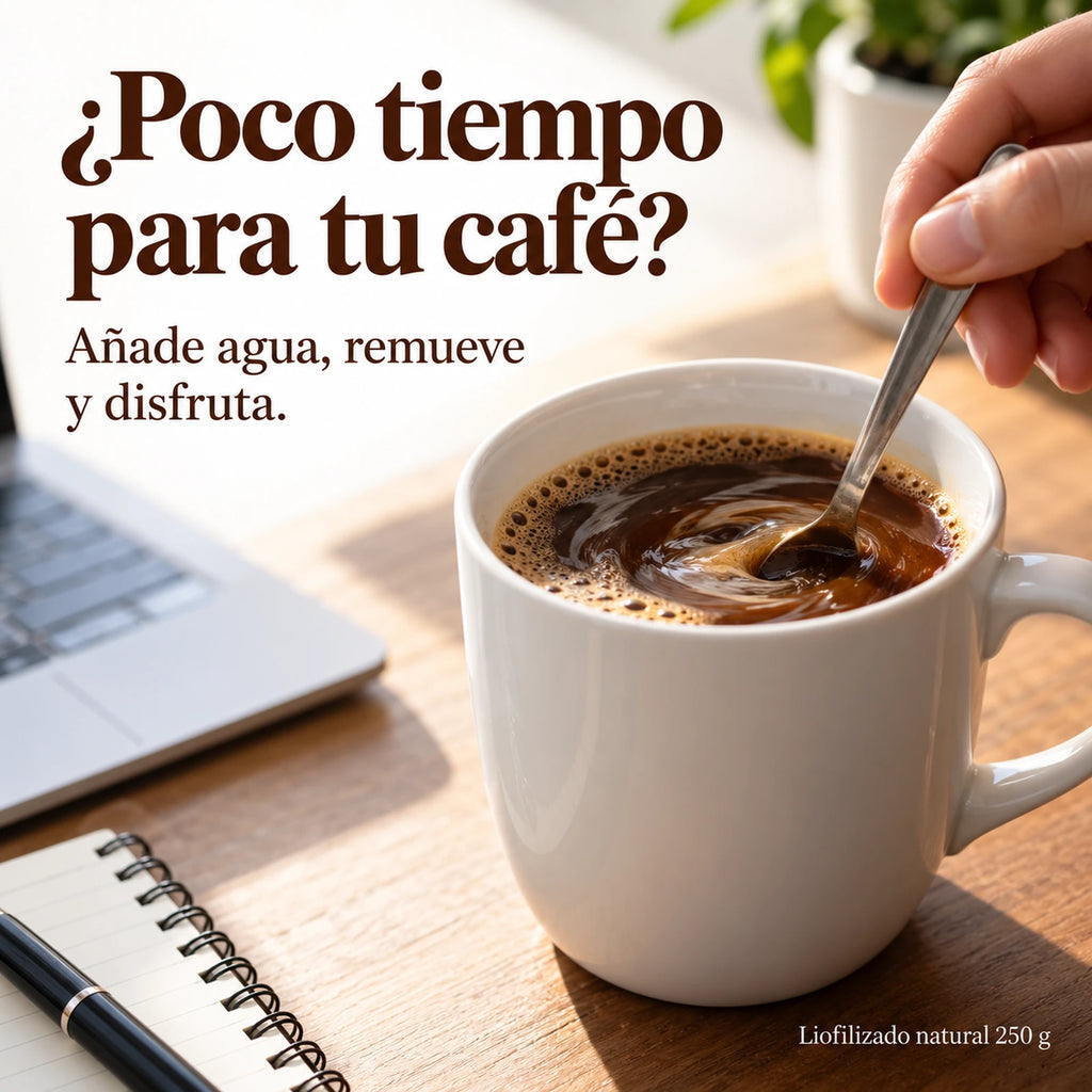 ¿Poco tiempo para tu café? Añade agua, remueve y disfruta. Liofilizado natural 250 g.