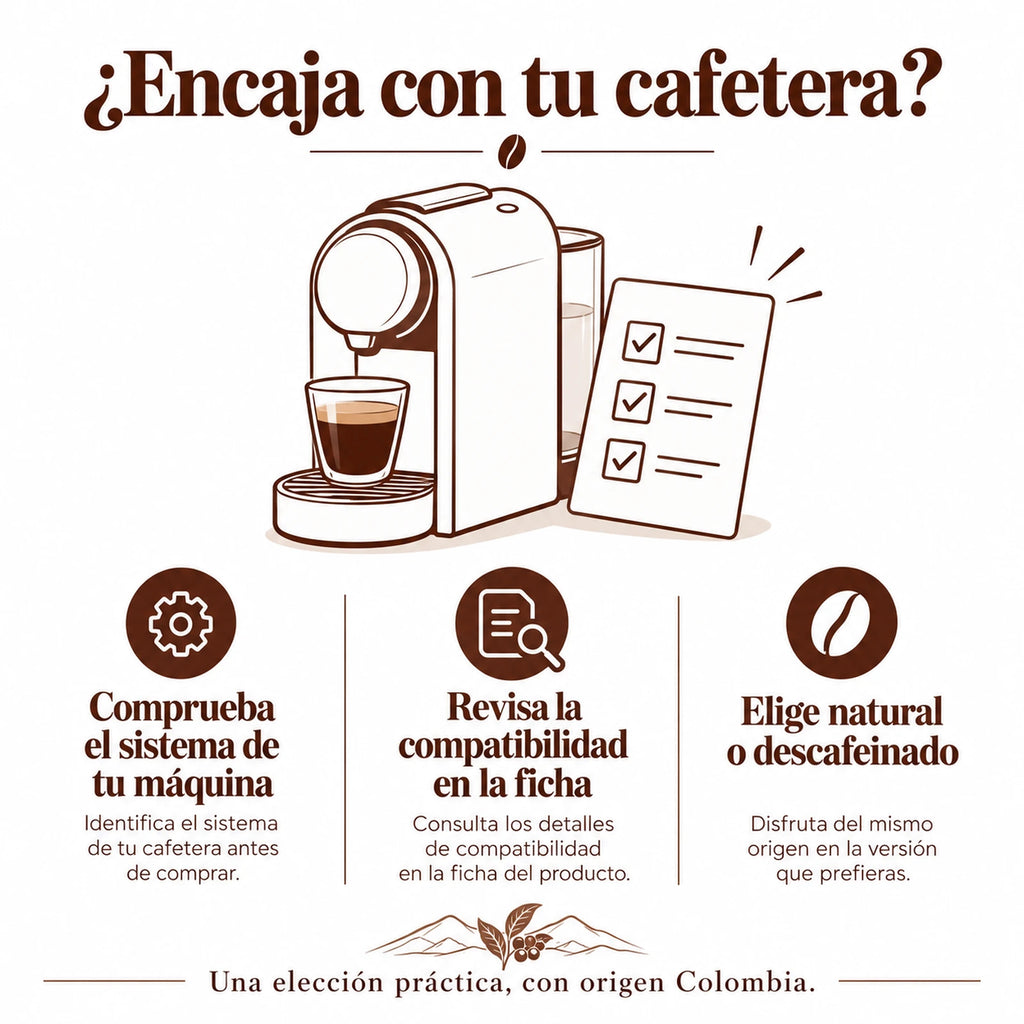 Antes de comprar cápsulas, comprueba el sistema de tu cafetera y revisa la compatibilidad indicada en la ficha. Opciones natural y descafeinada.