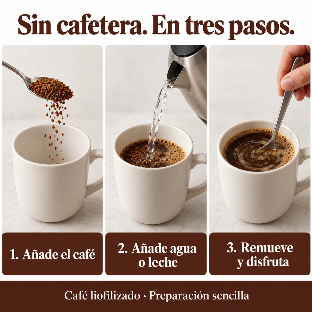 Cómo preparar café liofilizado sin cafetera: añade el café, añade agua o leche, remueve y disfruta.