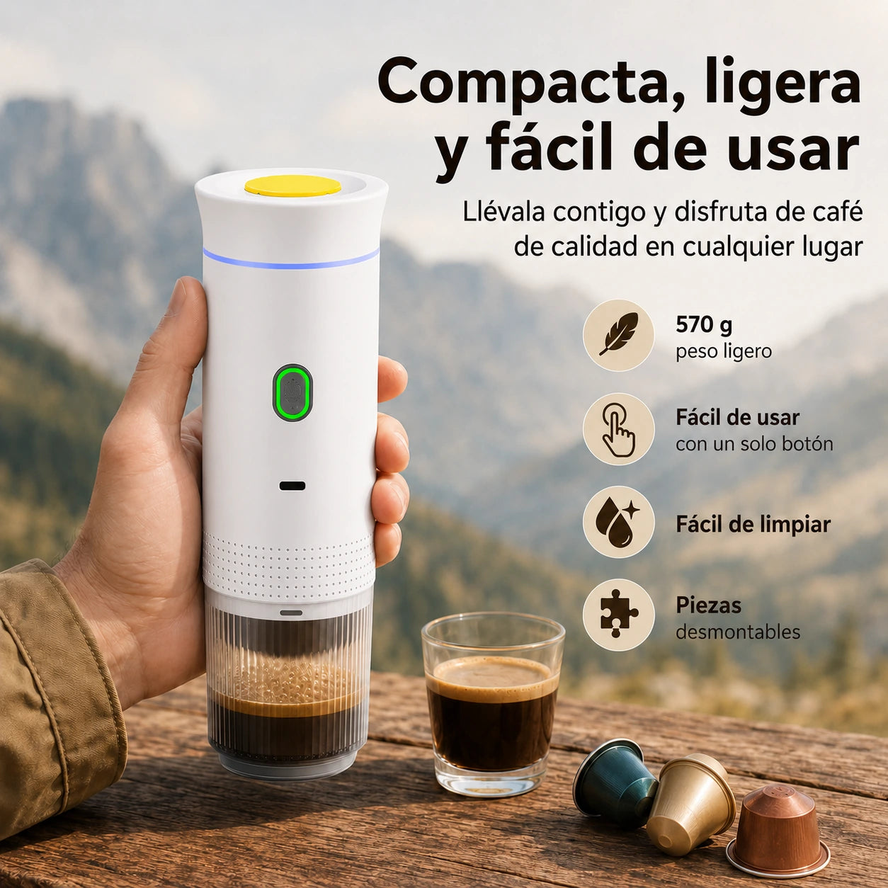 Cafetera portátil NÓMADA 3 en 1 recargable – vista frontal