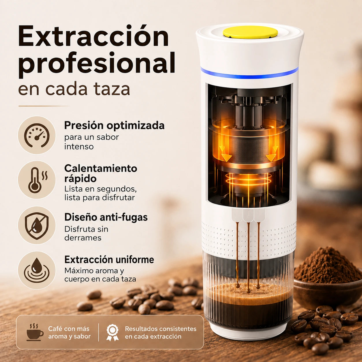 Pack NÓMADA: cafetera portátil, cable USB y adaptadores para cápsulas y café molido
