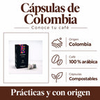 Cápsulas de Colombia: Origen · Colombia, Café · 100 % arábica, Cápsulas · Compostables. Prácticas y con origen.