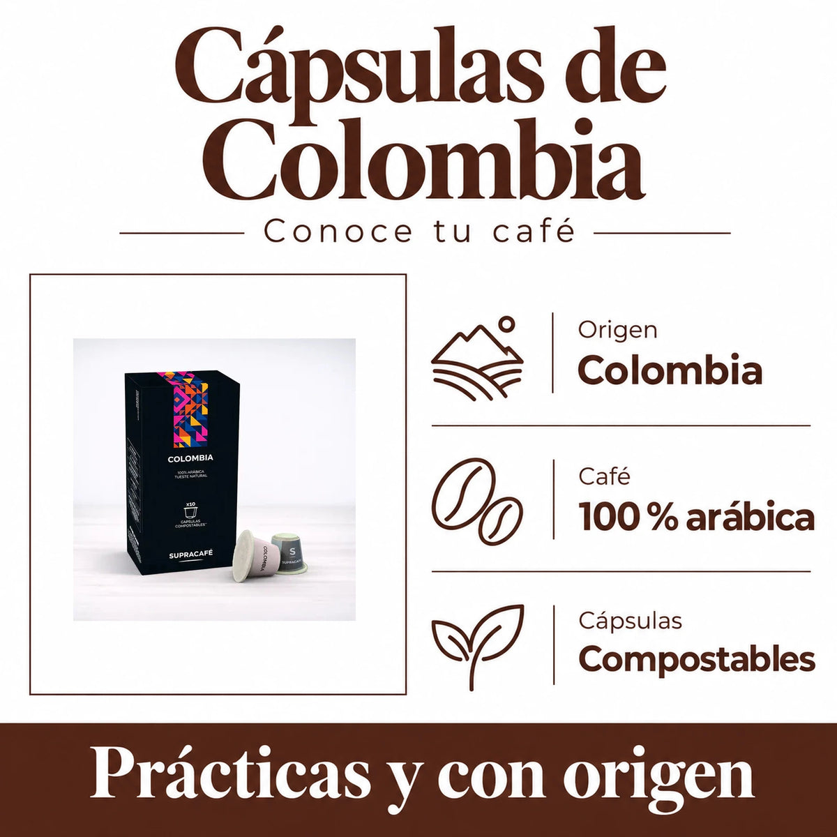 Cápsulas de Colombia: Origen · Colombia, Café · 100 % arábica, Cápsulas · Compostables. Prácticas y con origen.