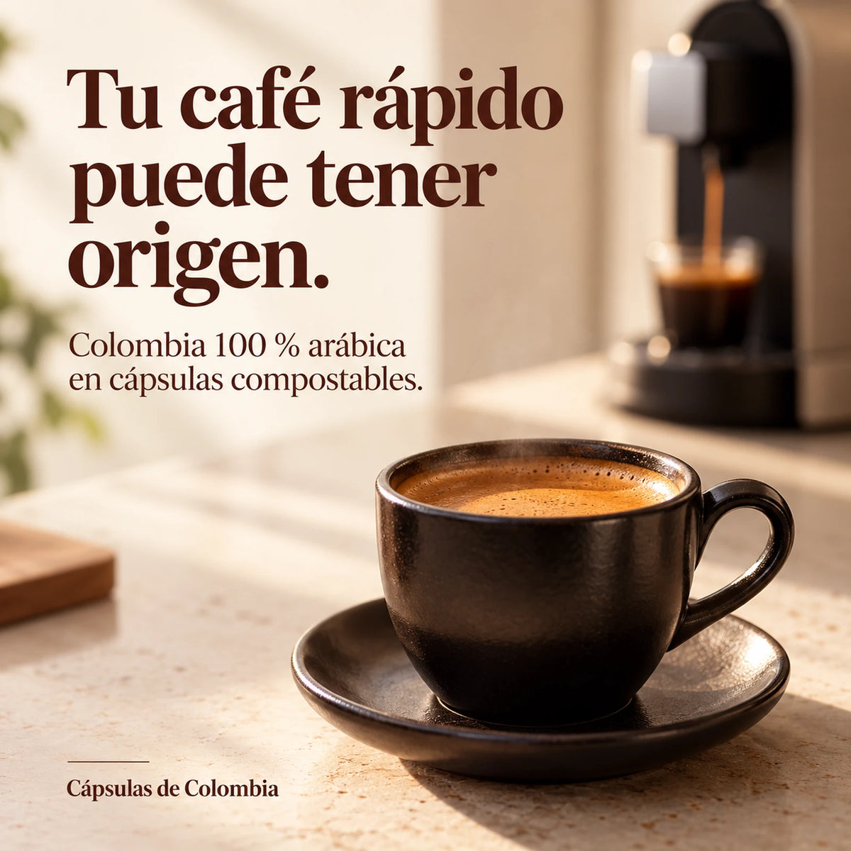 Tu café rápido puede tener origen. Colombia 100 % arábica en cápsulas compostables. Cápsulas de Colombia.