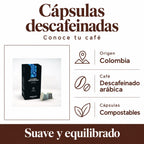 Cápsulas descafeinadas: Origen · Colombia, Café · Descafeinado arábica, Cápsulas · Compostables. Suave y equilibrado.
