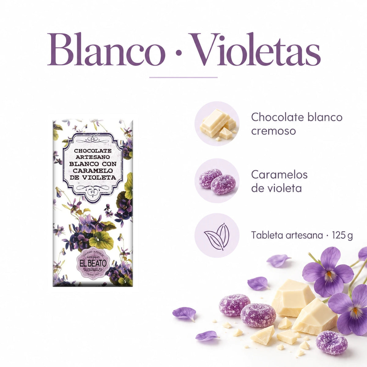 Chocolate blanco con violetas · ingredientes, sabor y formato