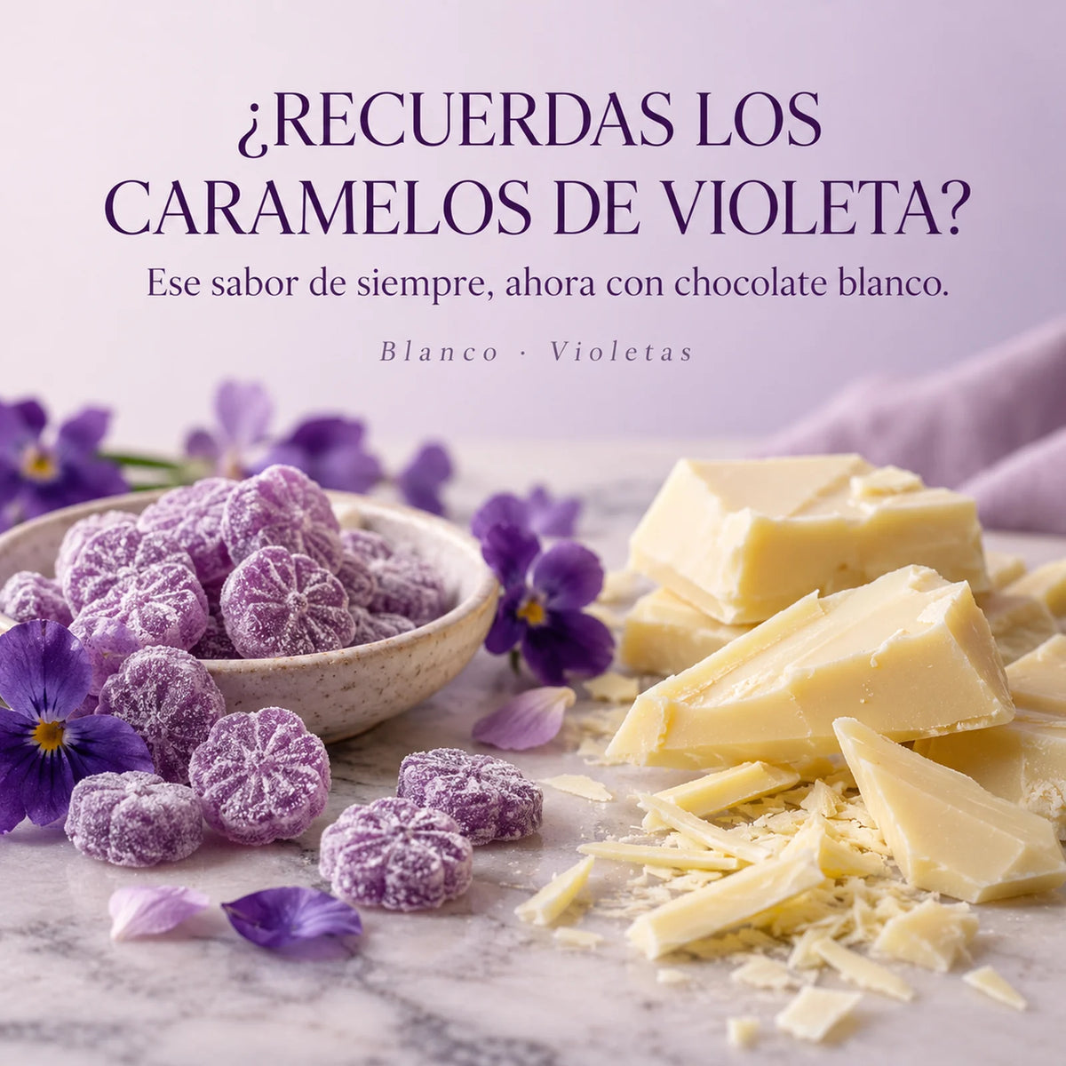Chocolate blanco con violetas · descubre su combinación de sabores