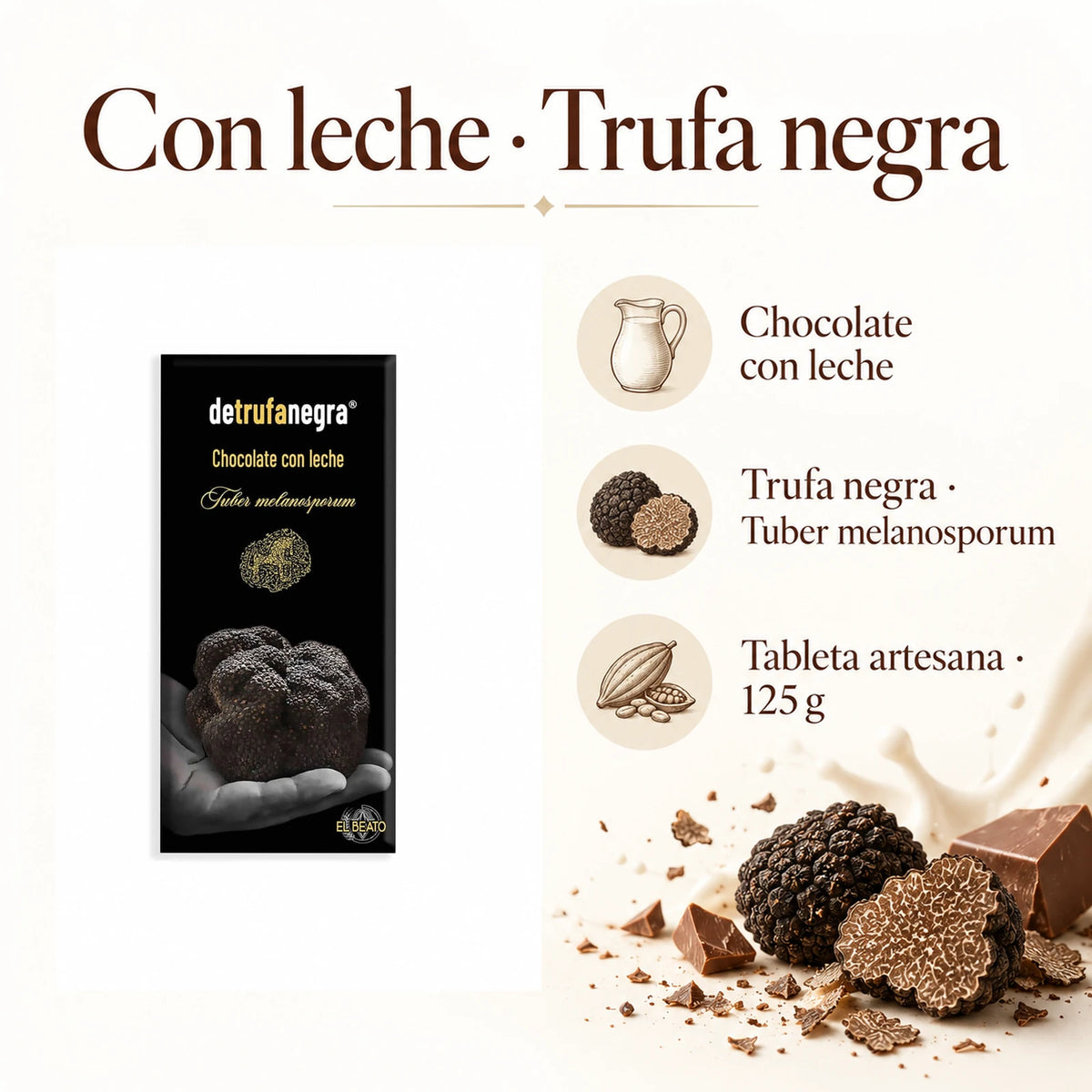 Chocolate con leche con trufa negra · ingredientes, sabor y formato