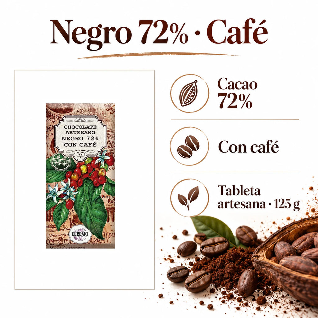 Chocolate Negro 72% con Café · ingredientes, sabor y formato