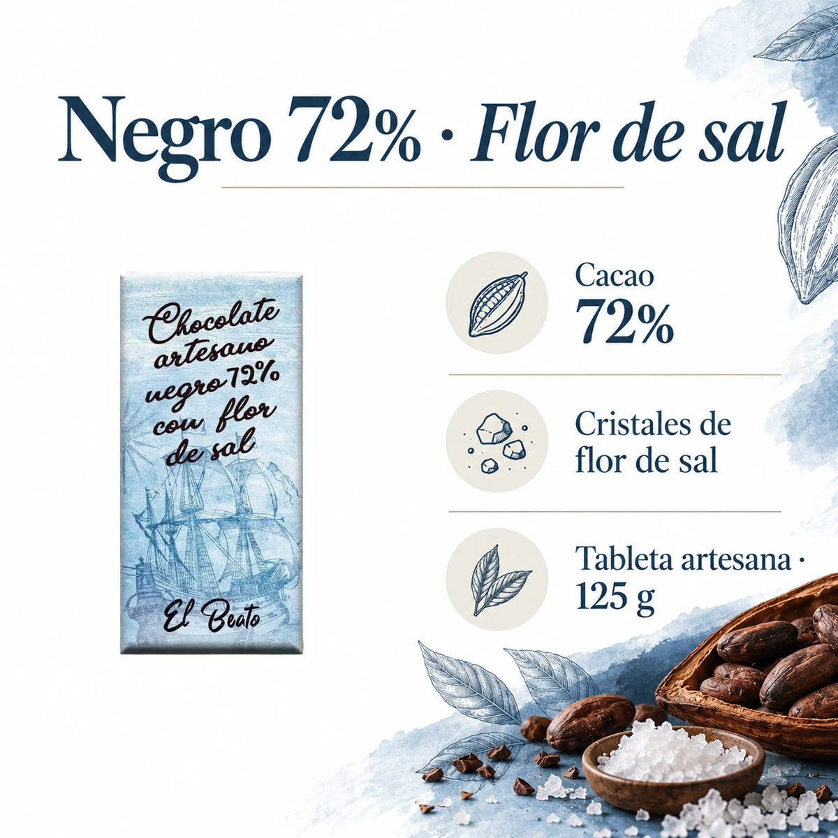 Chocolate Negro 72% con Flor de Sal · ingredientes, sabor y formato