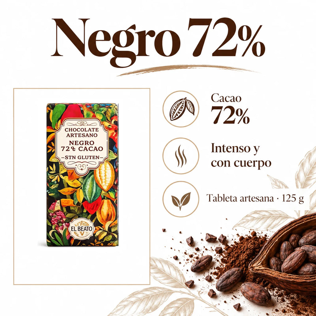 Chocolate negro 72% · ingredientes, sabor y formato