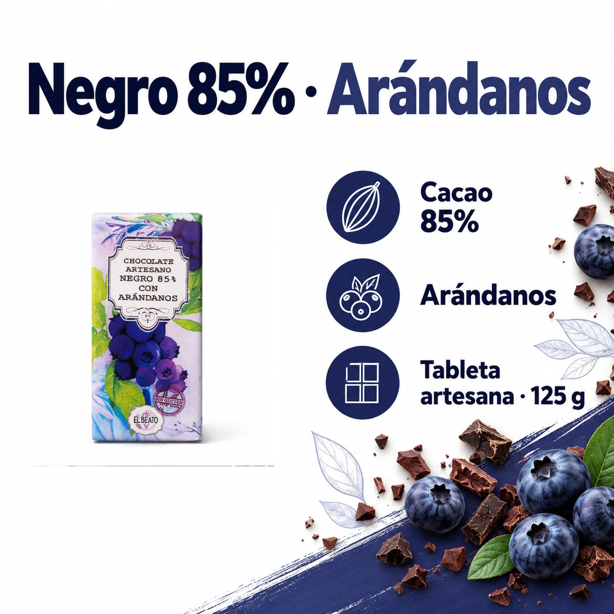 Chocolate negro 85% con arándanos · ingredientes, sabor y formato