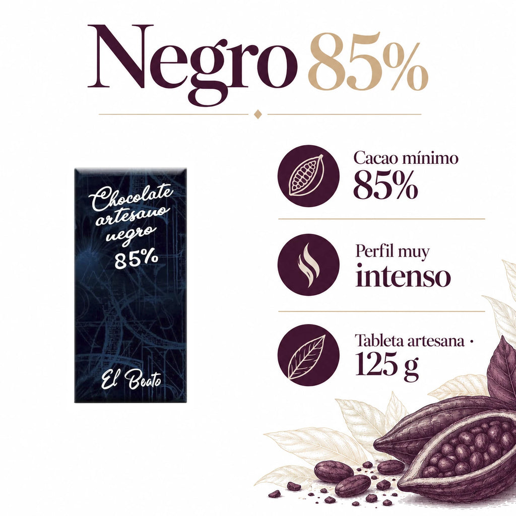 Chocolate negro 85% · ingredientes, sabor y formato