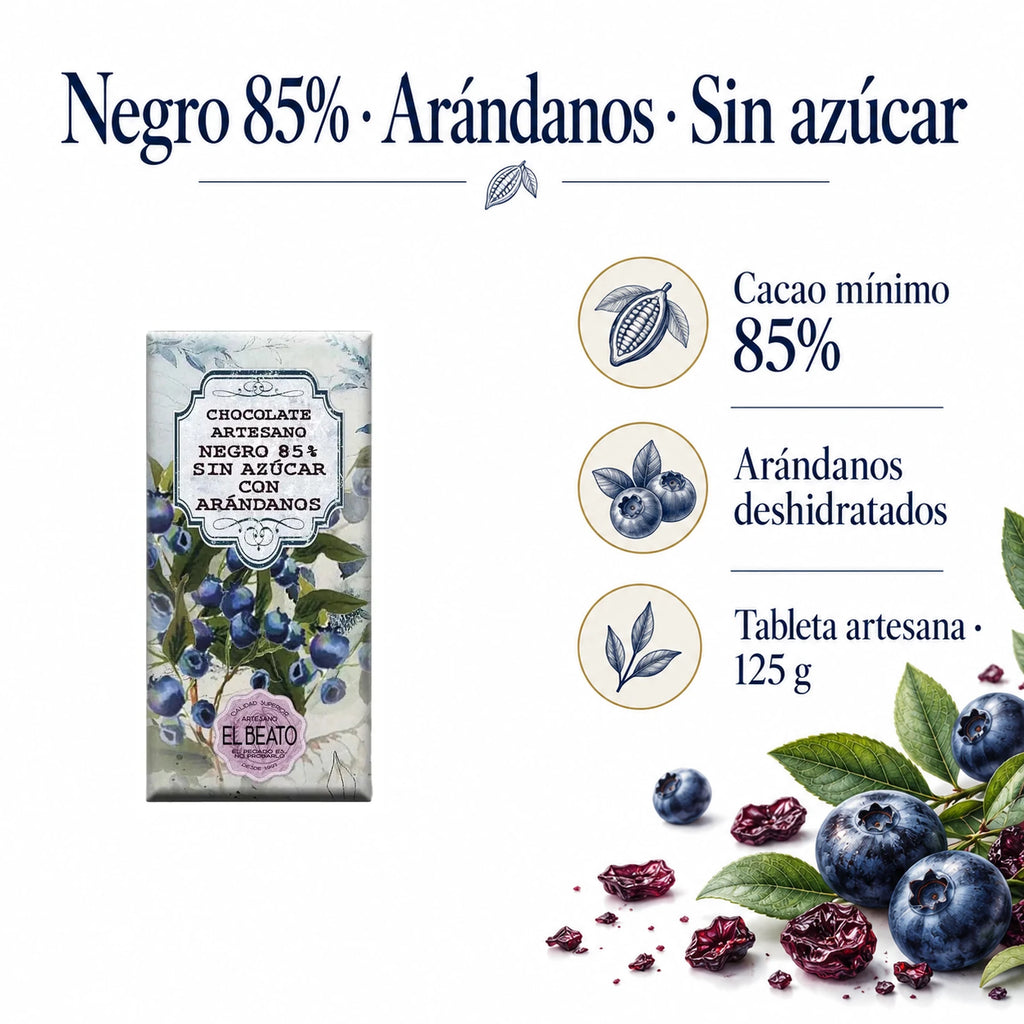 Chocolate Negro 85% sin azúcar con arándanos · ingredientes, sabor y formato